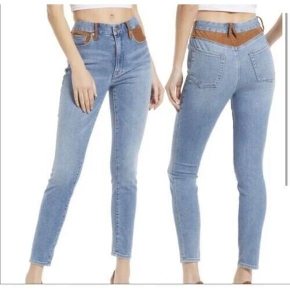 Good American Women's Sz 15 Indigo Good Legs Tan Suede Mixing Skinny Jeans $155 - Picture 9 of 9